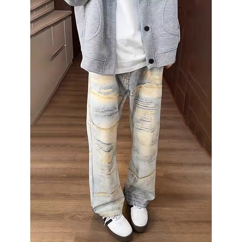 美式高街复古假破洞牛仔裤男款水洗做旧泼墨扎染长裤vibe Q51 P55图片