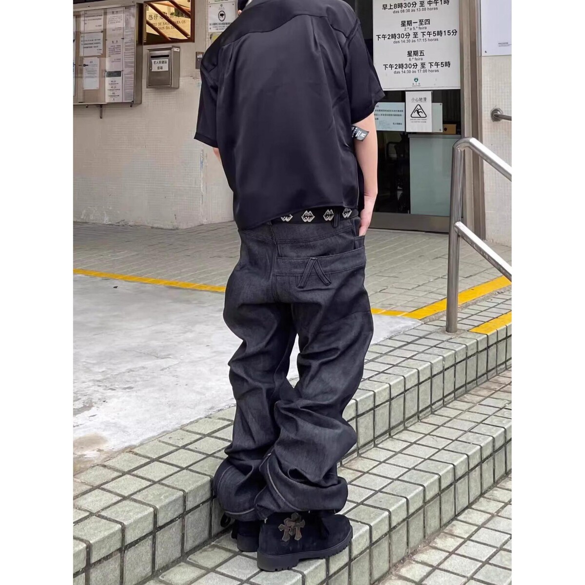 涂层光泽感微喇牛仔裤美式高街裤潮牌牛仔裤战术拖地裤NB341P75,男装牛仔裤,电商D256-2(原A064-2)