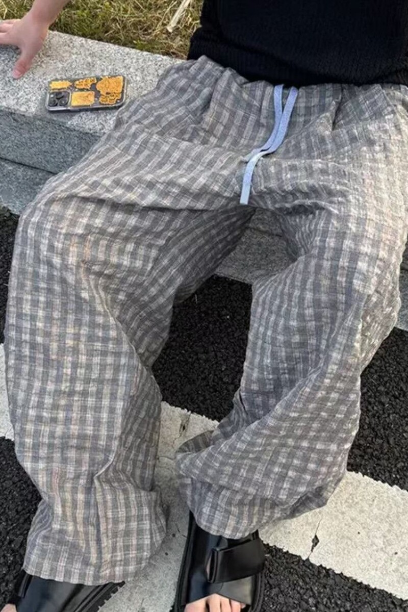 泡泡纱格子裤男夏季薄款裤子宽松bf慵懒风休闲透气阔腿裤361 p40图片