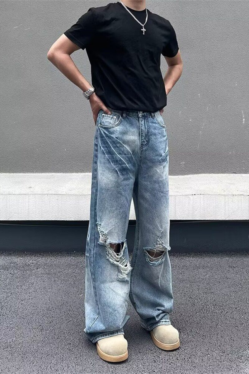 小个子美式复古破洞水洗牛仔裤高腰宽松直筒拖地阔腿裤Q47P50,女装牛仔裤,电商D256-2(原A064-2)