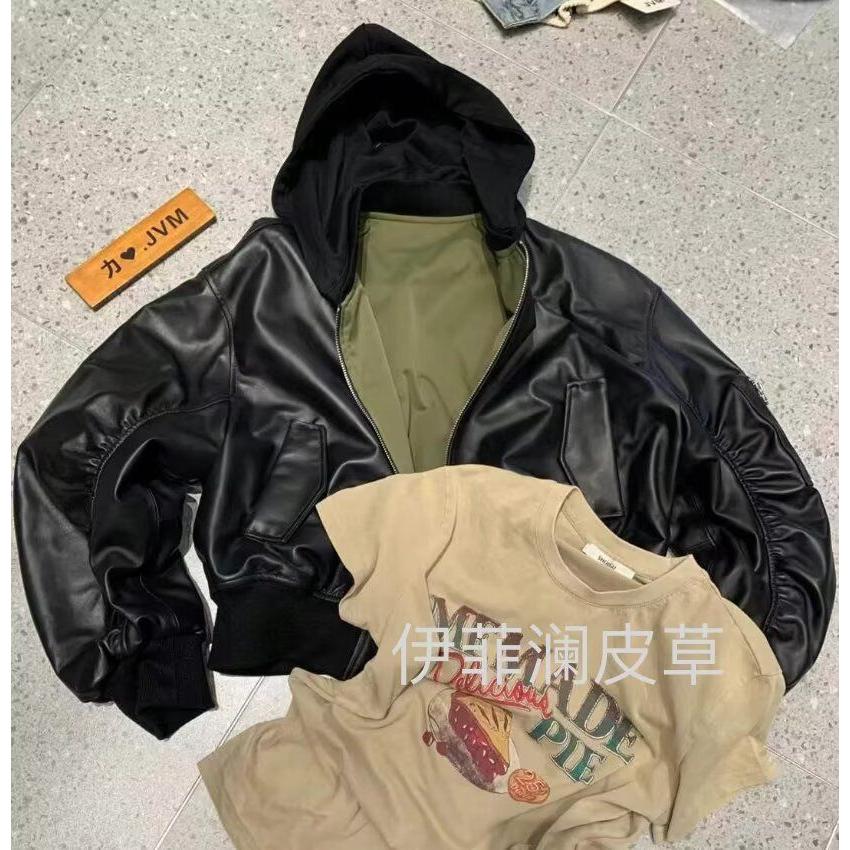 皮衣bomber双层假两件连帽外套飞行员夹克皮质棉服ma1潮NB52P90,男装皮衣,电商D256-2(原A064-2)