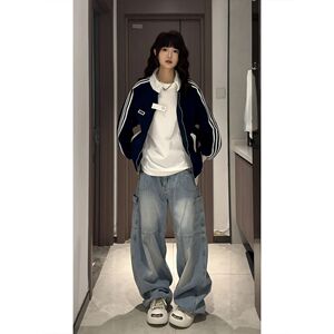 白花灰三条杠卫衣外套拼接撞色立领棒球服学院风情侣夹克NB222P45图片