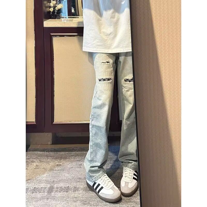 美式复古水洗做旧黄泥撞色破洞补丁牛仔裤痞帅裤子男G1091P45,男装牛仔裤,电商D256-2(原A064-2)