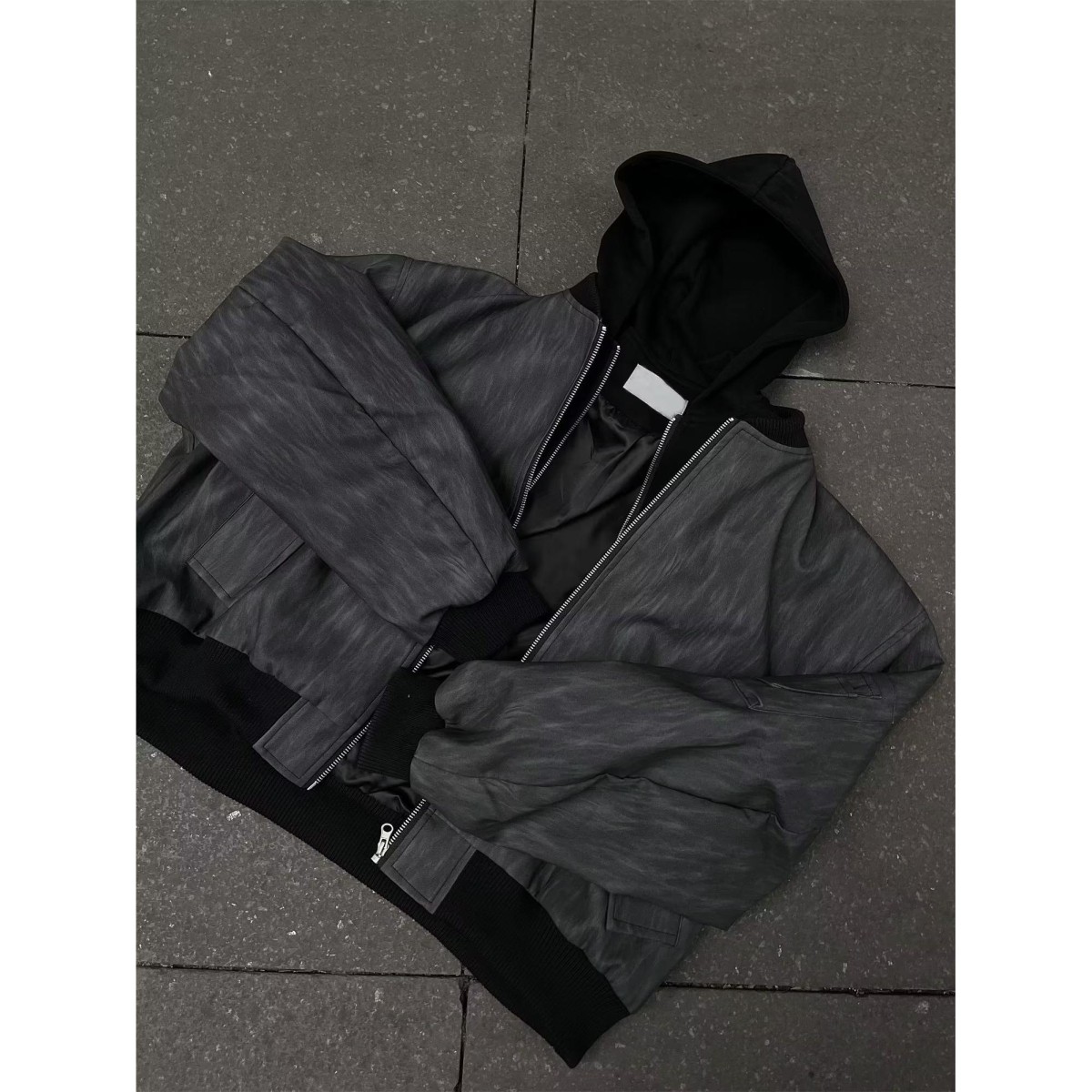 美式复古假两件连帽外套拼接纹理感短款PU皮衣夹克潮SK25P80，男装皮衣，电商D256-2(原A064-2)