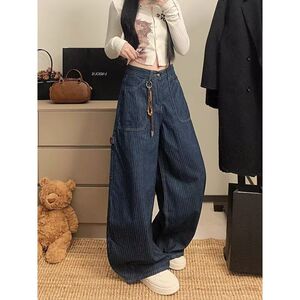 美式藏蓝色条纹弯刀牛仔裤口袋休闲宽松工装直筒长裤NB327 p50图片