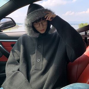 连帽毛衣外套2025秋冬新款韩版宽松慵懒毛领可拆卸针织衫ML04 P75图片