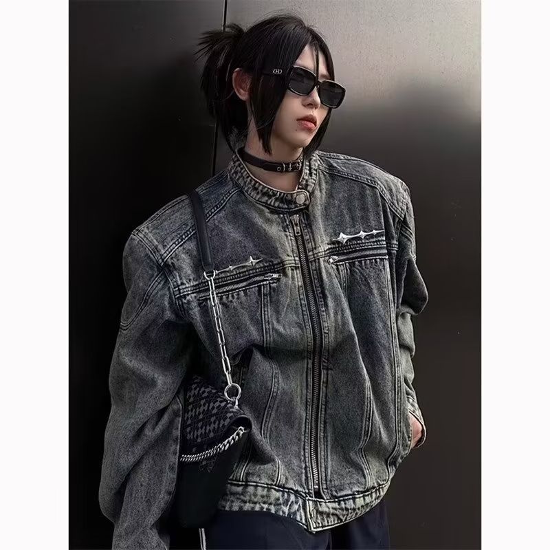 美式短款牛仔外套痞帅发型师潮牌男装垫肩立领牛仔衣夹克JJ11P75,男装工装外套,电商D256-2(原A064-2)