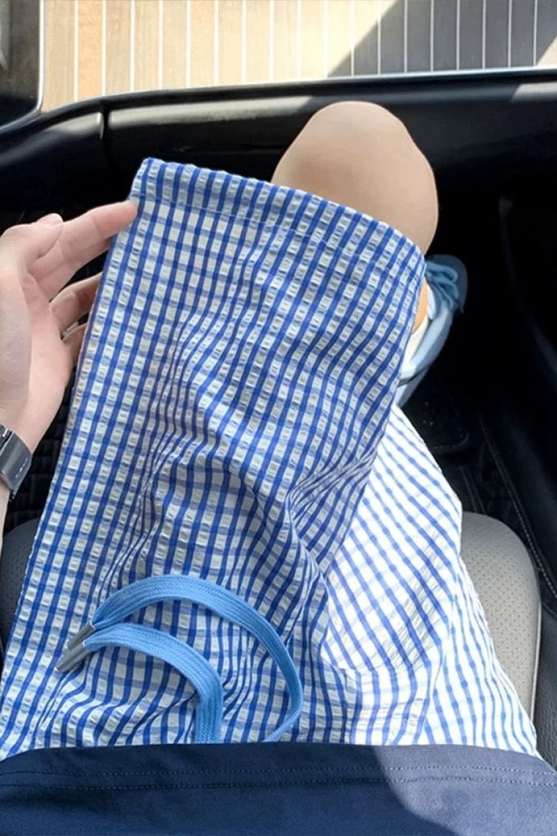 蓝色格子短裤男多巴胺穿搭五分裤慵懒风宽松百搭沙滩裤424P20特，男装牛仔裤，电商D256-2(原A064-2)