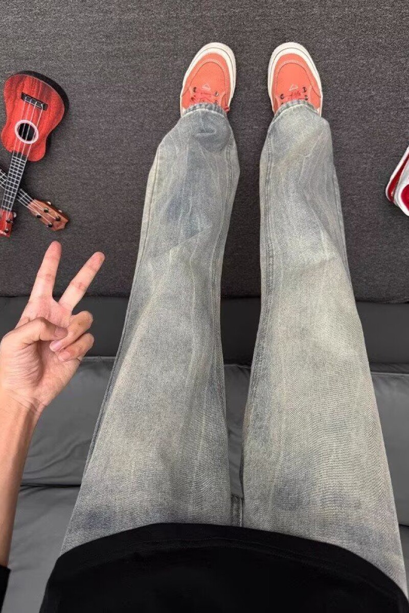复古蓝闪电纹牛仔裤男秋季美式高街vibe裤子提档显腿长直筒微喇裤,男装牛仔裤,电商D256-2(原A064-2)