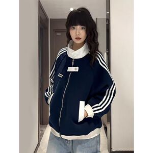 白花灰三条杠卫衣外套拼接撞色立领棒球服学院风情侣夹克NB222P45图片