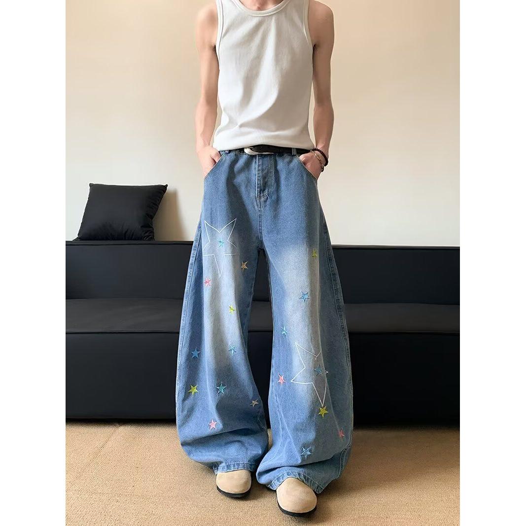 重工炫彩工艺设计感拼色阔腿牛仔裤新款宽松遮肉拖地裤HB34P50，男装牛仔裤，电商D256-2(原A064-2)