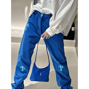 潮牌拼皮刺绣美式复古蓝色牛仔裤高街宽松显瘦窄版直筒裤SR07 P55,男装皮裤,电商D256-2(原A064-2)