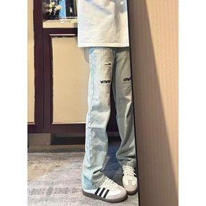 美式复古水洗做旧黄泥撞色破洞补丁牛仔裤痞帅裤子男G1091 P45图片