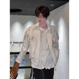 美式复古高街白色皮衣外套小众高级感短款机车服夹克潮SK22P85图片