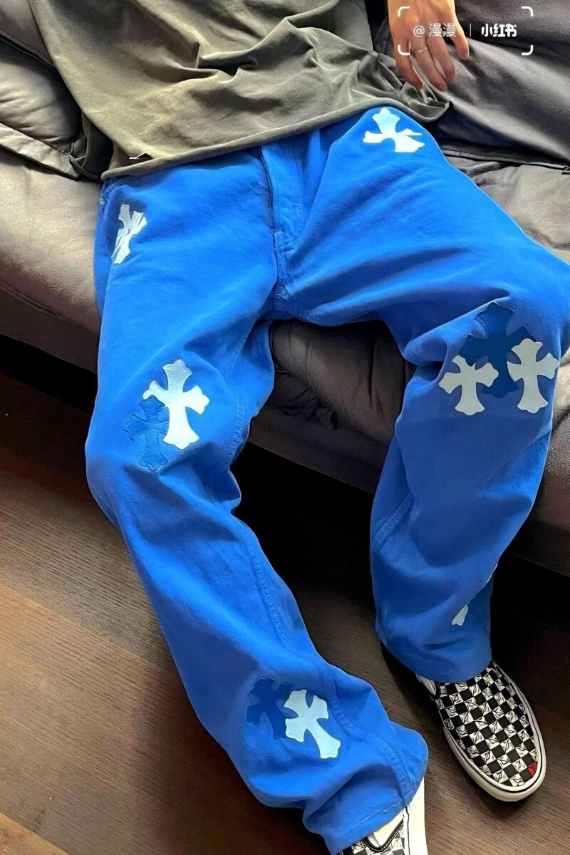 潮牌拼皮刺绣美式复古蓝色牛仔裤高街宽松显瘦窄版直筒裤SR07P55,男装皮裤,电商D256-2(原A064-2)