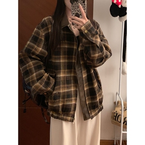 美式复古街头潮牌格子外套新设计感小众拼接宽松翻领夹克B107P85