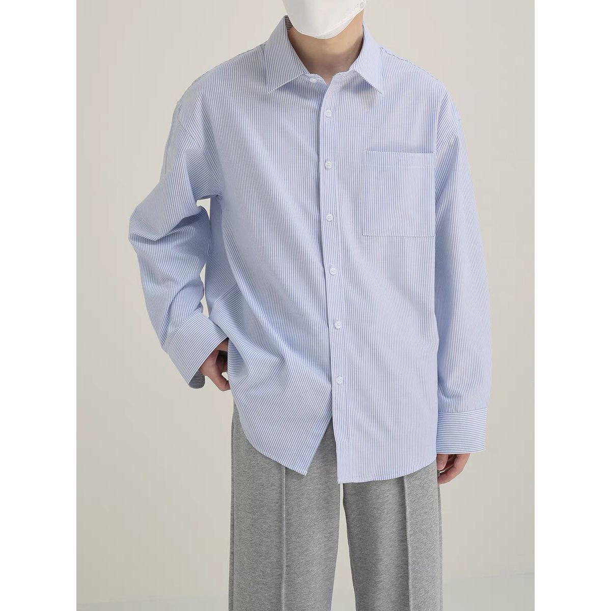 日系蓝条纹衬衫男春秋新款潮流校园风宽松休闲长袖衬衣CS123P35，男装衬衫，电商D256-2(原A064-2)
