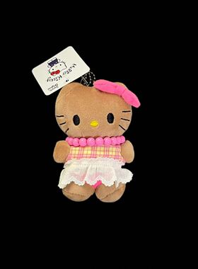 正版黑皮HelloKitty毛绒挂件粉格纹蕾丝裙珍珠项链甜酷kt钥匙扣包