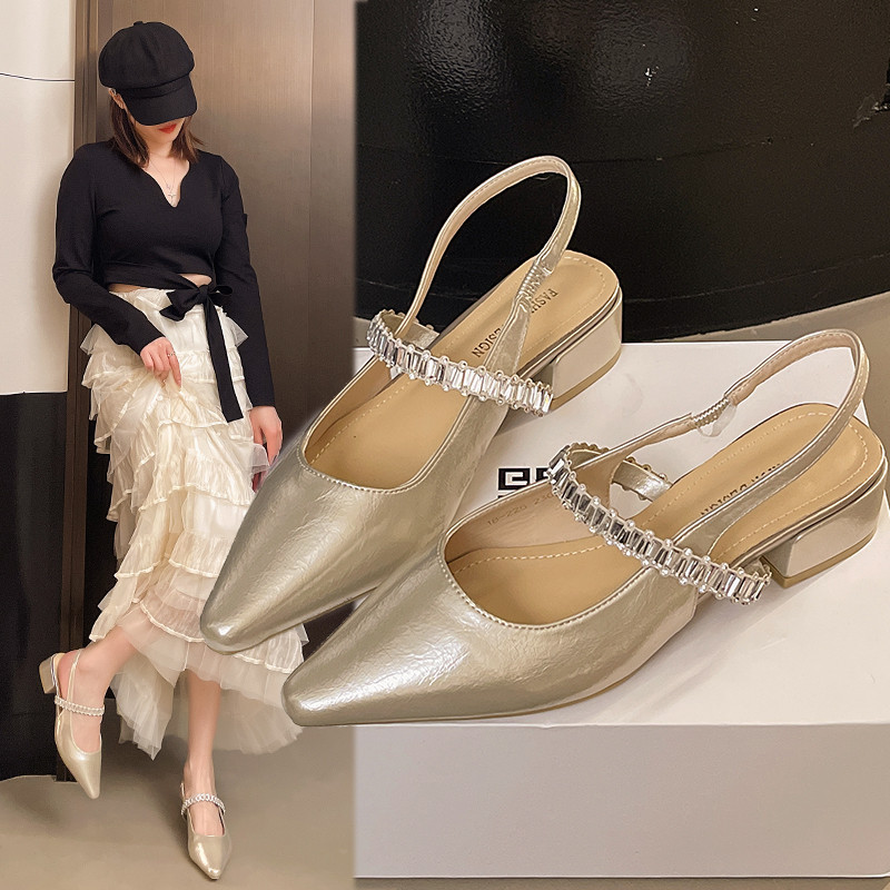 法式尖头高跟鞋女一字带粗跟水钻单鞋2025新款气质包头后空凉鞋