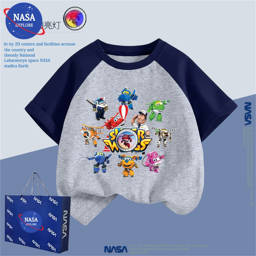 NASA男童超级飞侠全员纯棉短袖t恤亮灯夏季中大儿童卡通插肩上衣