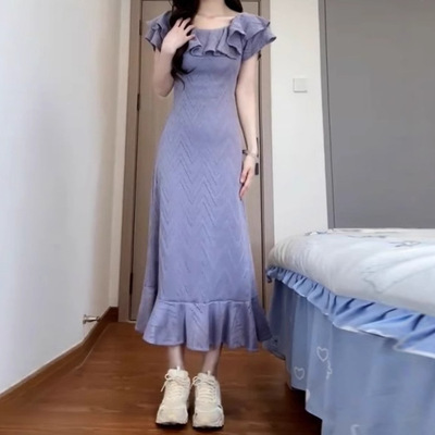 2025新款女夏季小个子梨型荷叶边包臀长裙茶歇法式方领紫色连衣裙