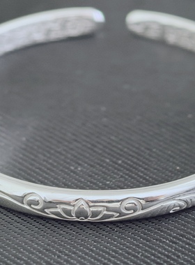 一枝铃兰莲花刻花錾刻花纹古法手镯简约轻奢轻奢素圈手饰女21克