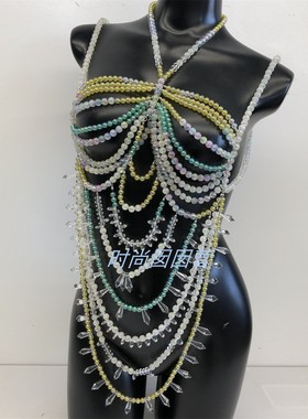 欧美身体链N2532 简约多层彩色珍珠项链 夜店舞台演出拍摄饰品