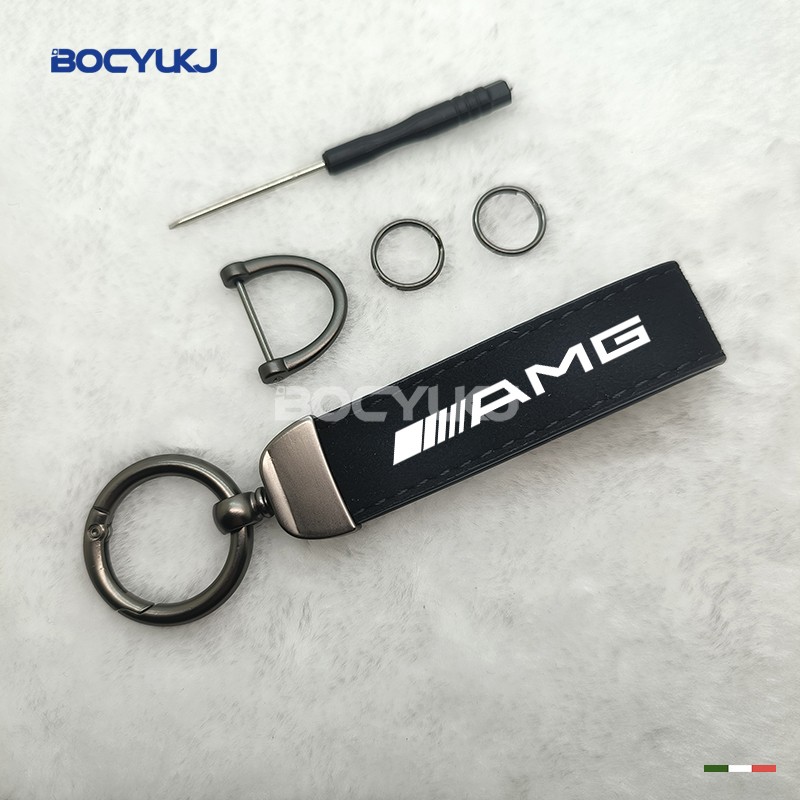 适用于奔驰AMG汽车翻毛皮钥匙扣个性车标商务情侣防丢钥匙链挂件