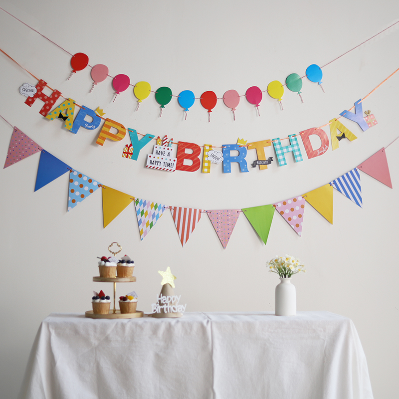 纸质卡通气球造型生日快乐拉旗三角旗儿童派对横幅背景墙装饰拉花
