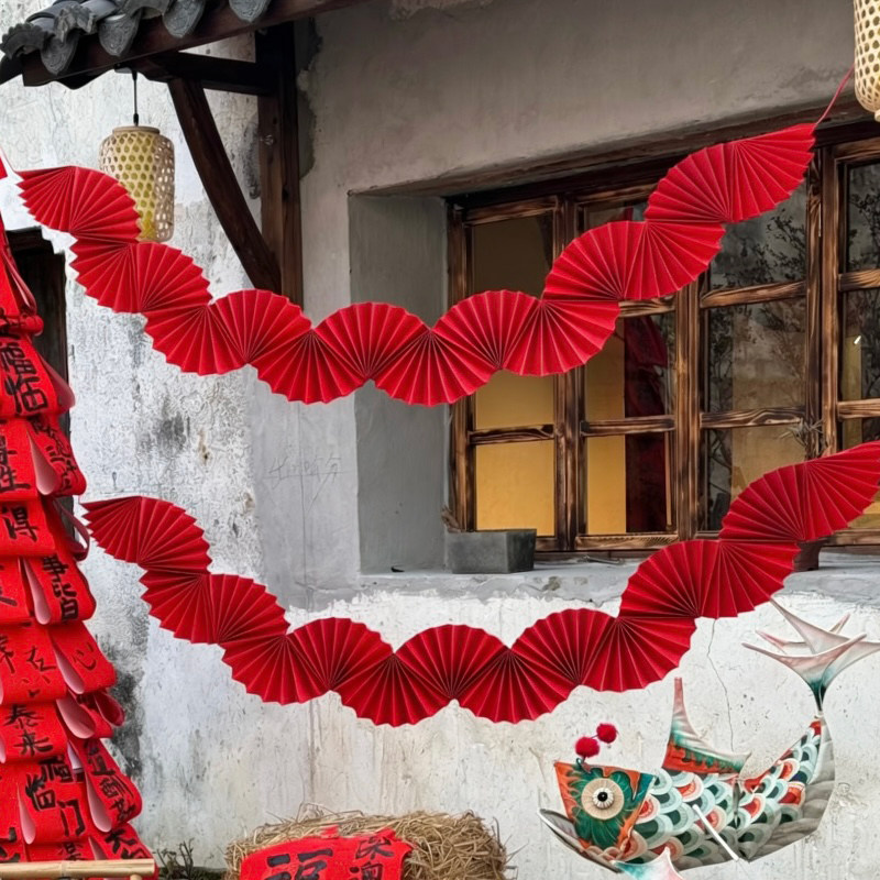 元宵装饰红色扇花拉花挂饰灯笼新年蜂窝春节店铺门头氛围场景布置