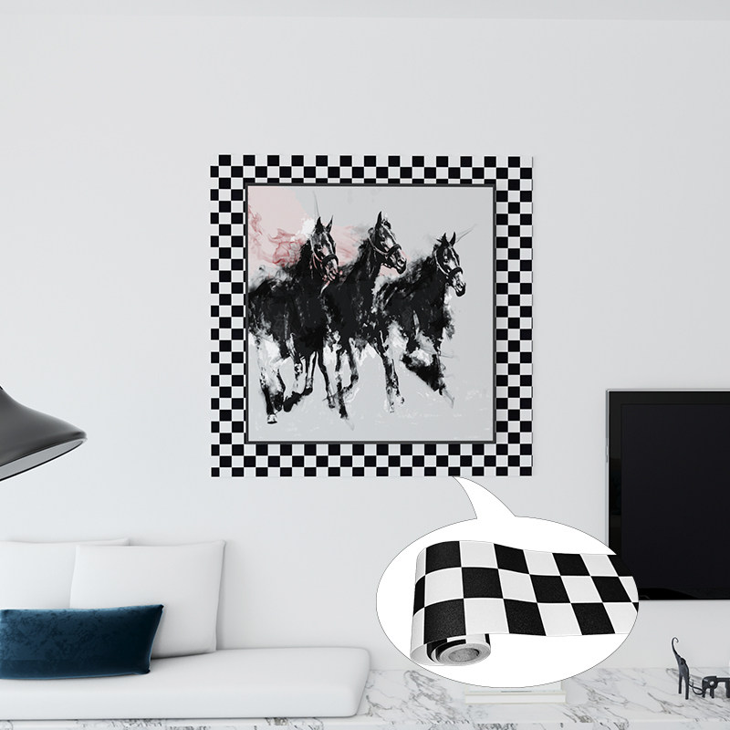 经典黑白棋盘格腰线贴纸挂画边框装饰贴自粘立体简约家居背景墙贴