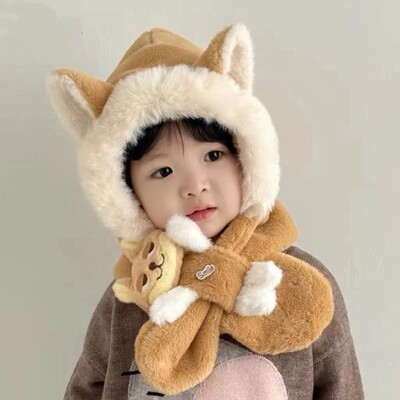 可爱狐狸兔子防风毛绒帽围巾一体儿童冬季男女宝宝加厚保暖防寒帽