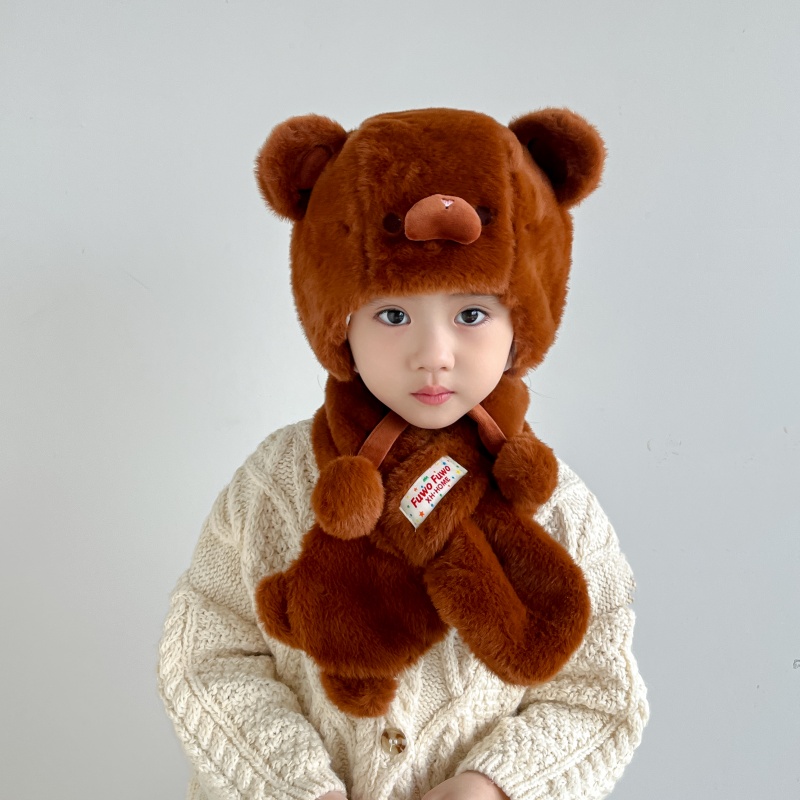 儿童小熊毛绒护耳帽冬季加厚保暖防风可爱宝宝帽子围巾套帽防风帽