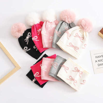 围脖两件套冬季蝴蝶结保暖针织帽