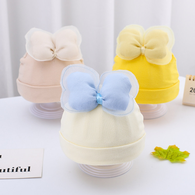 清仓春秋韩版新生婴儿春季糖果色蝴蝶结薄款帽子女宝宝棉布套头帽