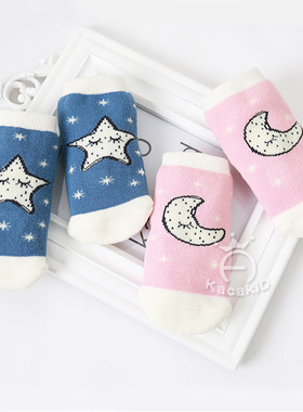 T1178 秋冬新款童袜韩版卡通眯眼星星月亮毛圈短袜婴幼儿防滑袜