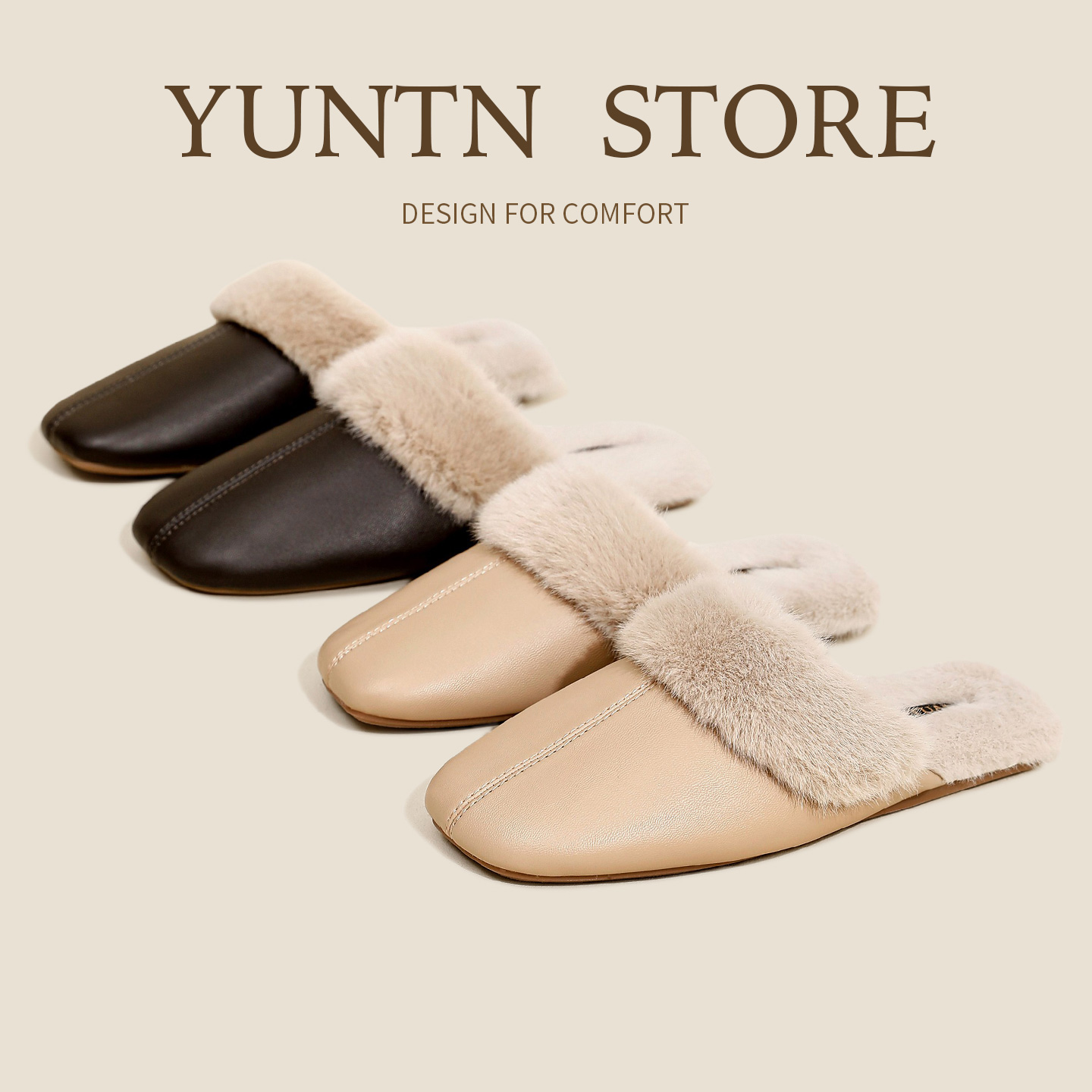 秋冬温柔感加绒保暖防水皮棉拖鞋