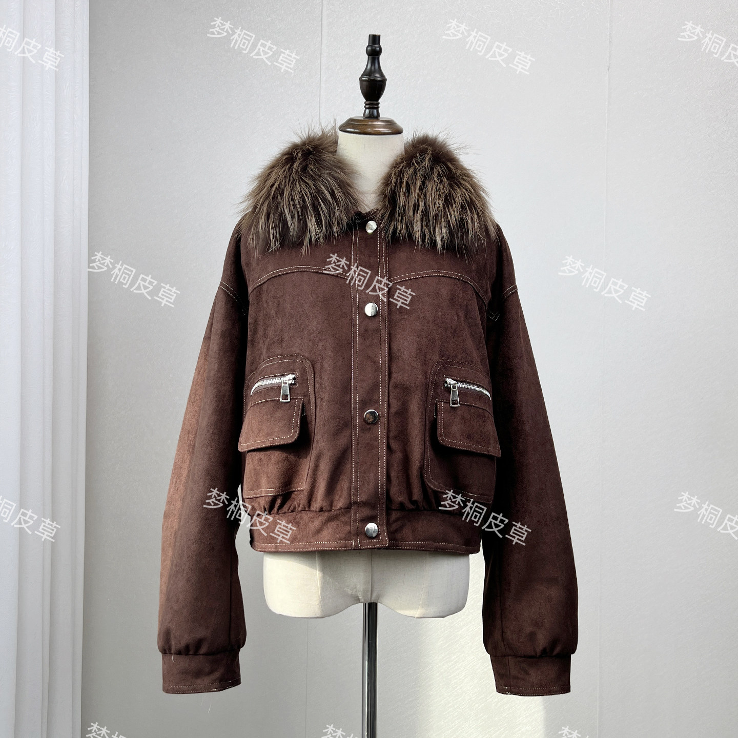 秋冬貉子毛领麂皮绒派克服女款