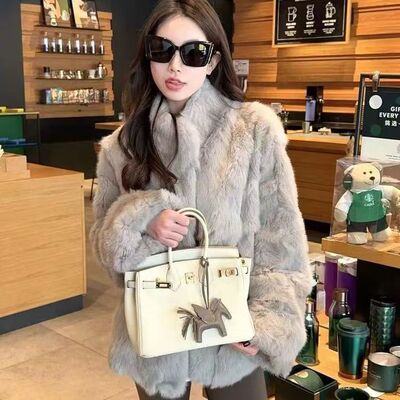 2024冬季新款兔毛皮草外套女真毛皮毛一体多巴胺冬季保暖毛毛外套