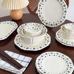 onlycook小清新蓝花陶瓷碗盘套装 复古碗碟小碗浅盘子汤碗饭碗餐具