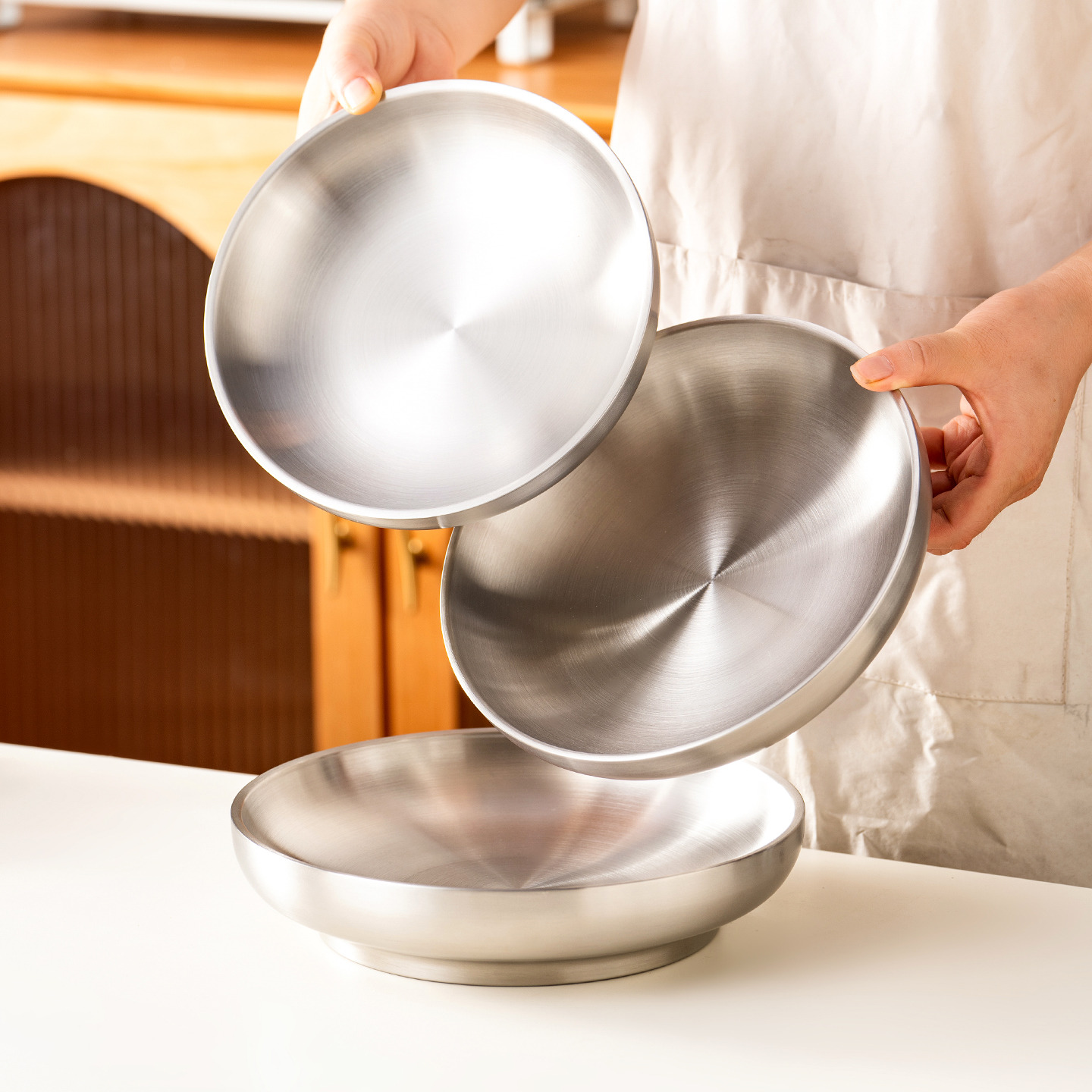 onlycook双层加厚304不锈钢盘子