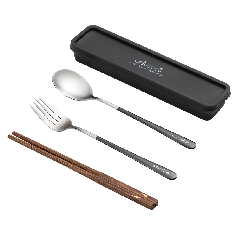 onlycook 304不锈钢筷勺套装木筷子勺子叉子学生便携餐具盒一人用