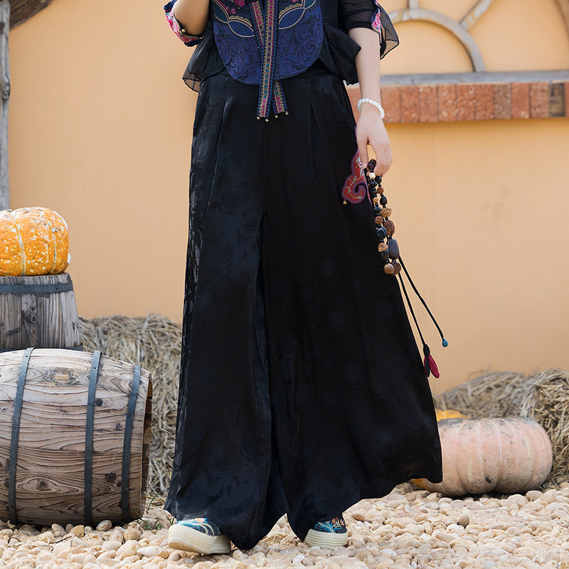 春夏民族风复古缎面提花中腰重工绣花阔腿裤女 百搭大码大脚长裤,女装/女士精品,休闲裤,淘宝优惠券,粉丝福利购,淘宝优惠卷