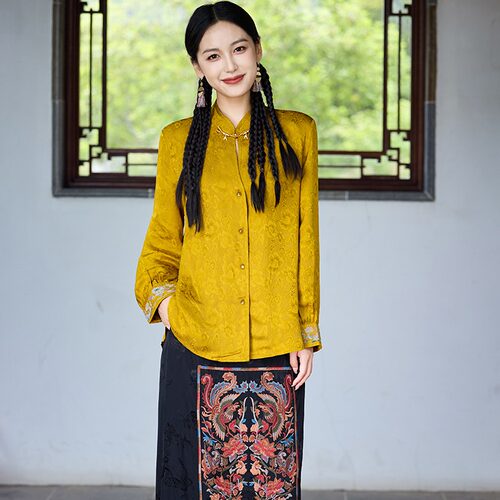 春夏中国风新中式缎面提花复古长袖衬衣女 显瘦百搭刺绣立领衬衫