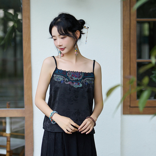 夏装民族风复古刺绣天丝缎提花短款吊带上衣 修身内搭特色背心女