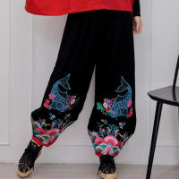 Autumn new Chinese-style ethnic style retro wide-leg pants, thick linen embroidered thigh pants, lantern pants, dance performance women's pants thumbnail 5