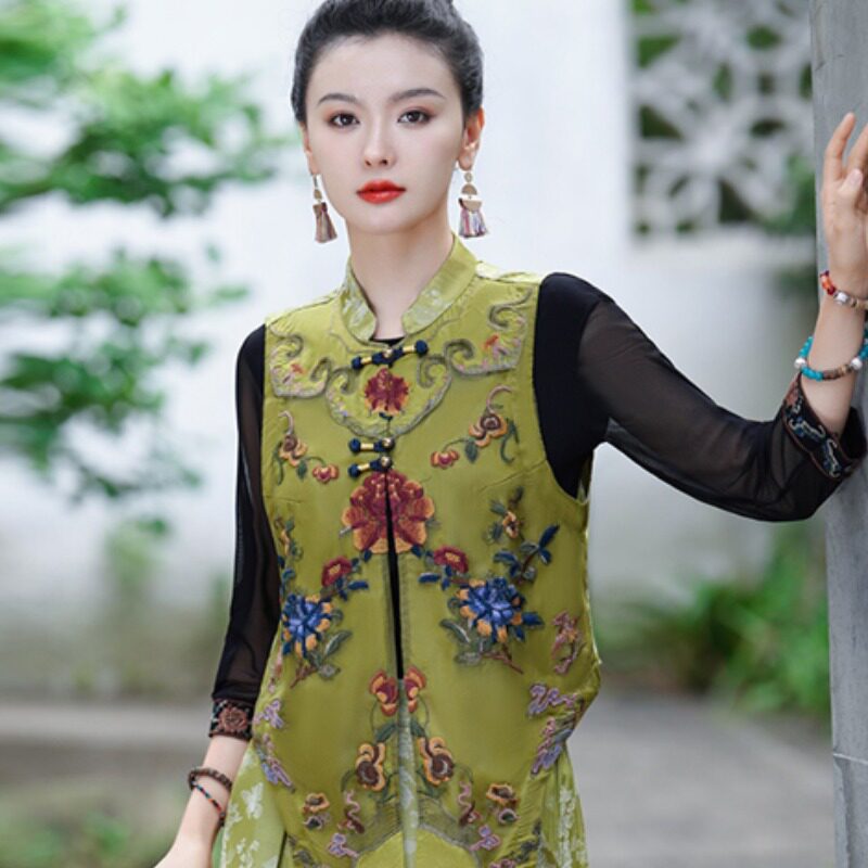 夏装新中式国风复古绣花背心马夹上衣女 国潮对襟坎肩薄外搭马甲