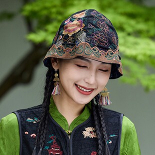 春夏民族风复古刺绣拼满面绣休闲盆帽 西瓜帽 遮阳帽旅游渡假帽女