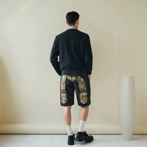 EH·MD拉链短裤刺绣夏迷彩牛仔裤