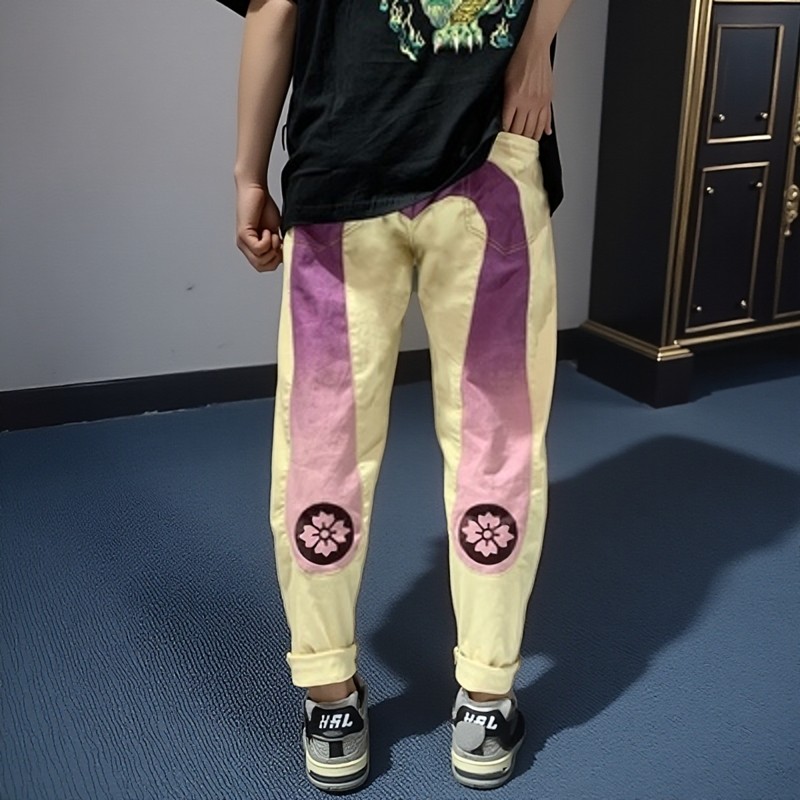 春夏渐变色刺绣牛仔长裤男宽松直筒水洗拼接刺绣机械腿大mM冠希裤